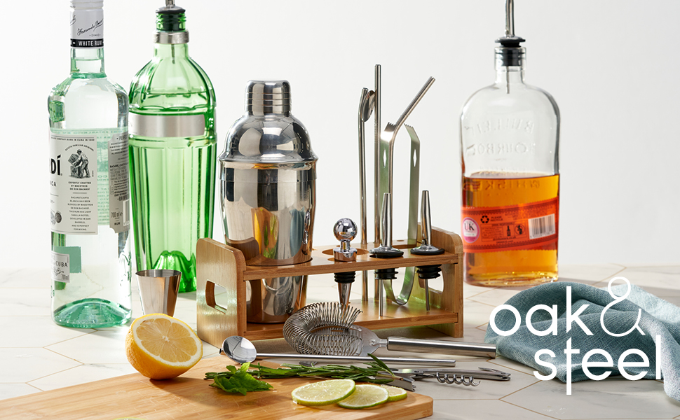 Професійний набір для приготування коктейлів Oak & Steel з нержавіючої сталі (13 предметів) з дерев'яним підставкою, рецептами коктейлів та шотів - аксесуари для бару