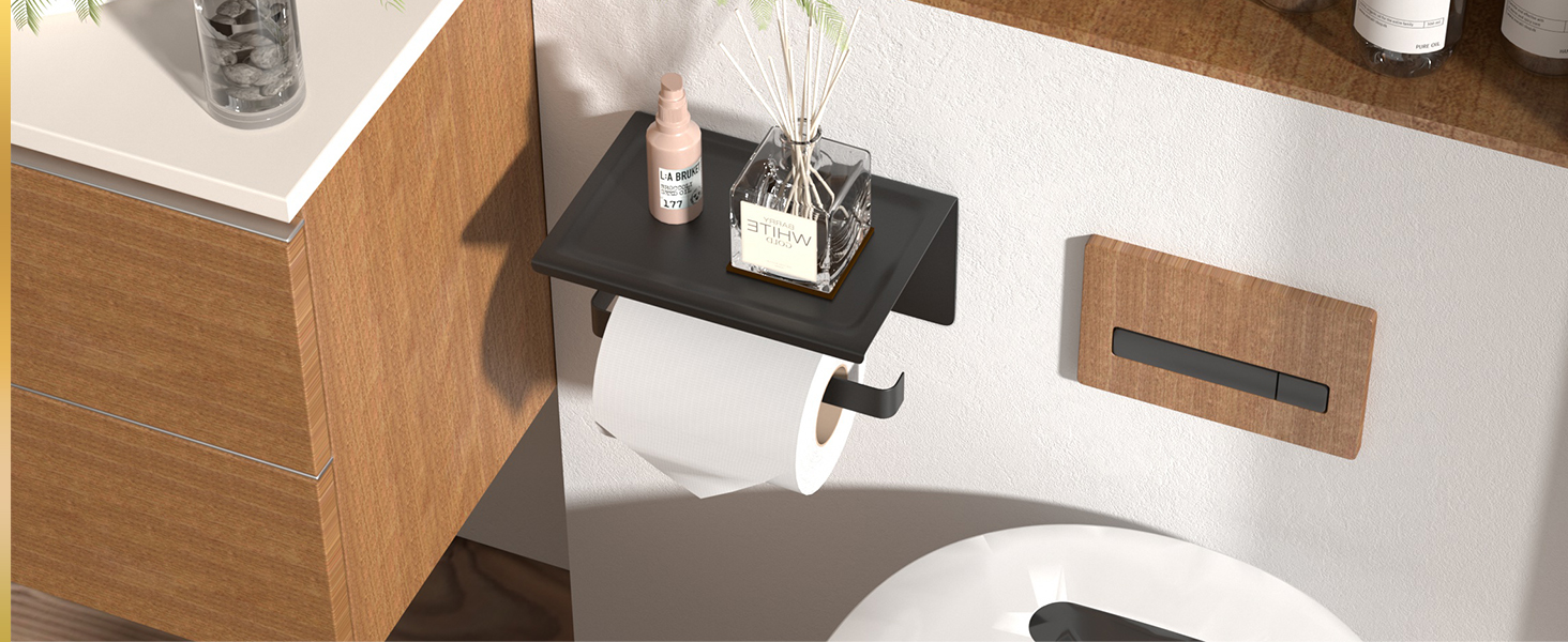 Тримач туалетного паперу HITSLAM без свердління, чорний, нержавіюча сталь з полицею, самоклеючий, для ванної кімнати