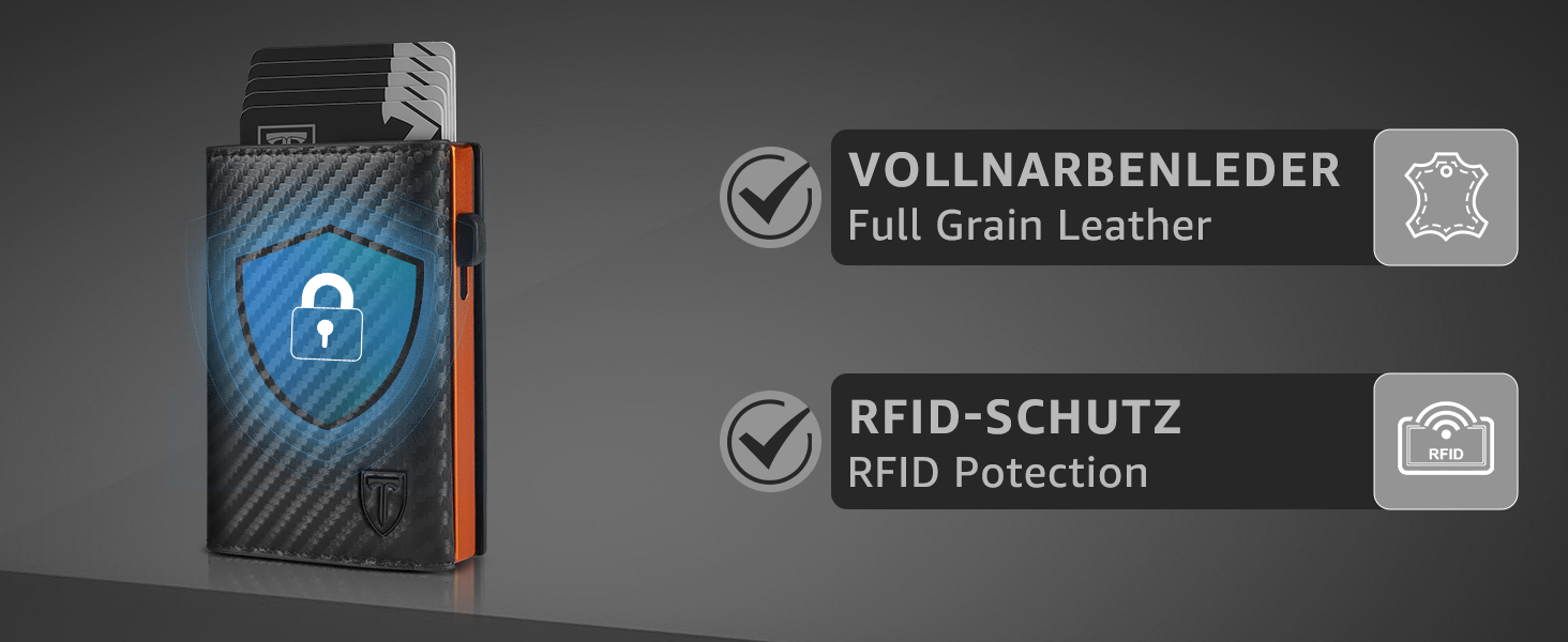 Чоловічий гаманець з RFID-захистом – портмоне з карбонової шкіри, 8 відділень для карток, віконце для ID, монетниця, кишеня для грошей, з подарунковою коробкою, чорно-помаранчевий