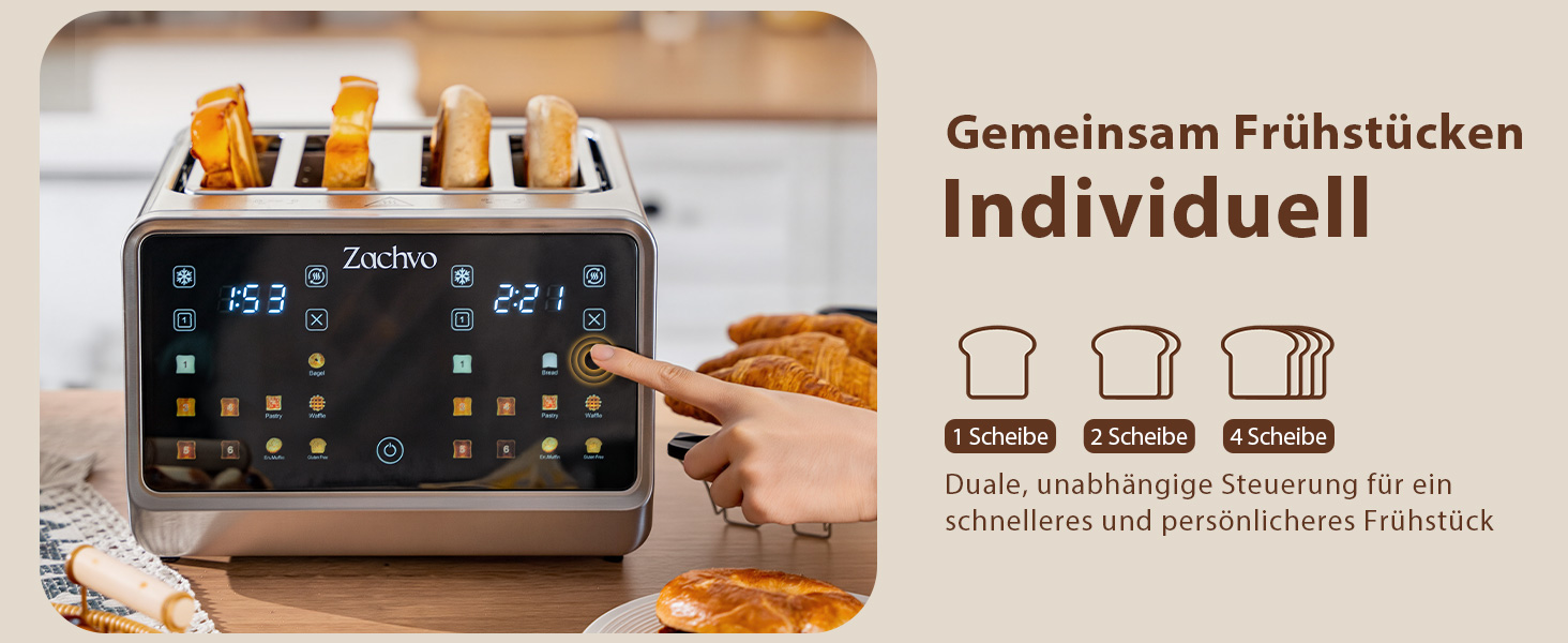 Тостер на 4 шматочки з сенсорним екраном та таймером – нержавіюча сталь, довгі слоти, 2 незалежні зони температури, підставка для бургерів та сендвічів, 6 програм, срібний колір