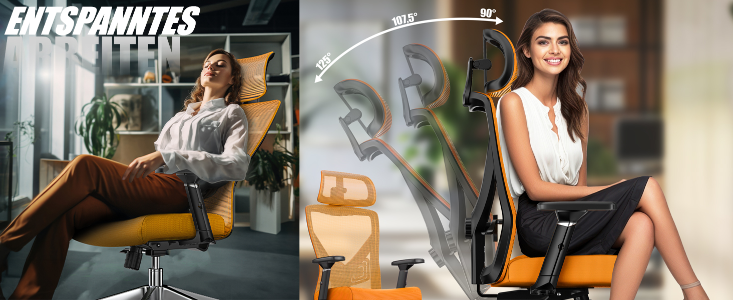 Офісне крісло KESSER® ергономічне з регульованими підлокітниками, поворотне з підтримкою попереку, з підголівником. Функція гойдання до 125° та 5 роликів. Оранжевий/срібний колір.