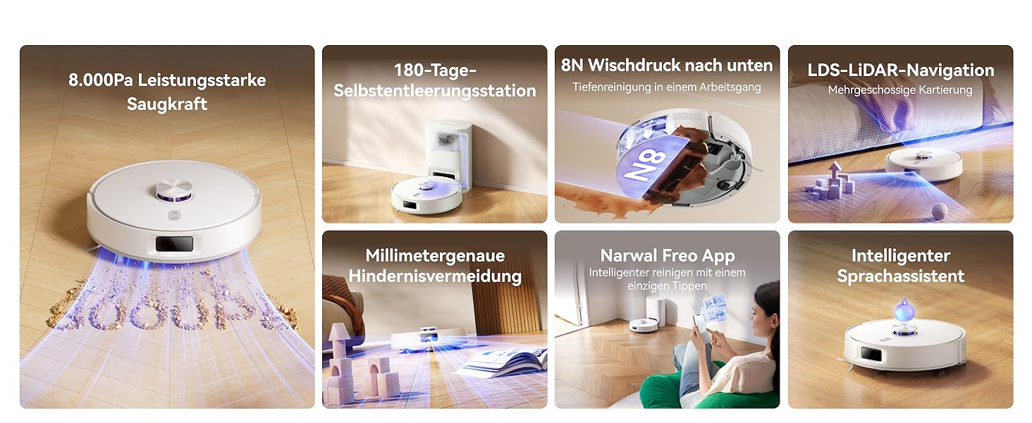 Робот-пилосос NARWAL Freo S з функцією миття підлоги, 8000Pa, 8N тиск, станція самоочищення 3.5L, LDS-лазерна навігація та 3D-картування, керування через додаток, для килимів/шерсті домашніх тварин