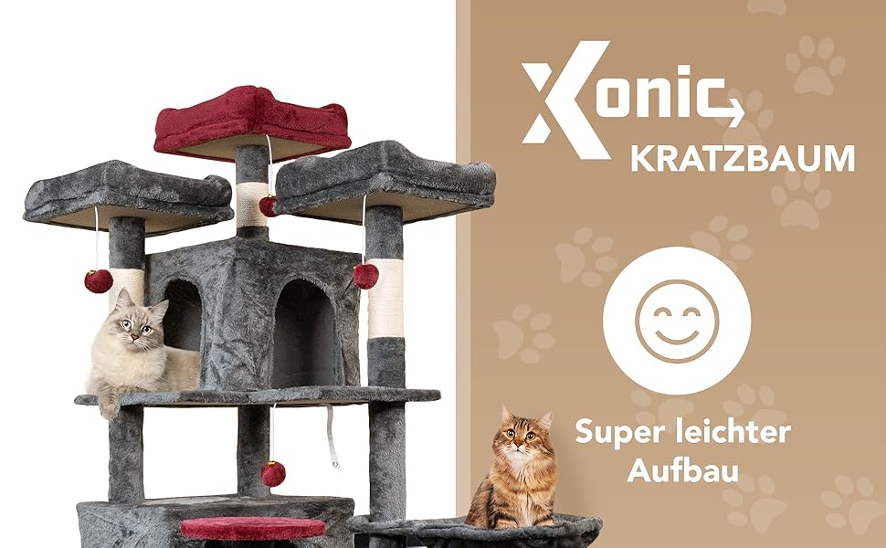 Кігтеточка для котів Foxdevil від xonic® - стабільна кігтеточка [165 см] з 3 платформами, лежаком, 2 будиночками, 3 іграшками та драбиною-кігтеточкою ([V2 Сірий/Червоний])
