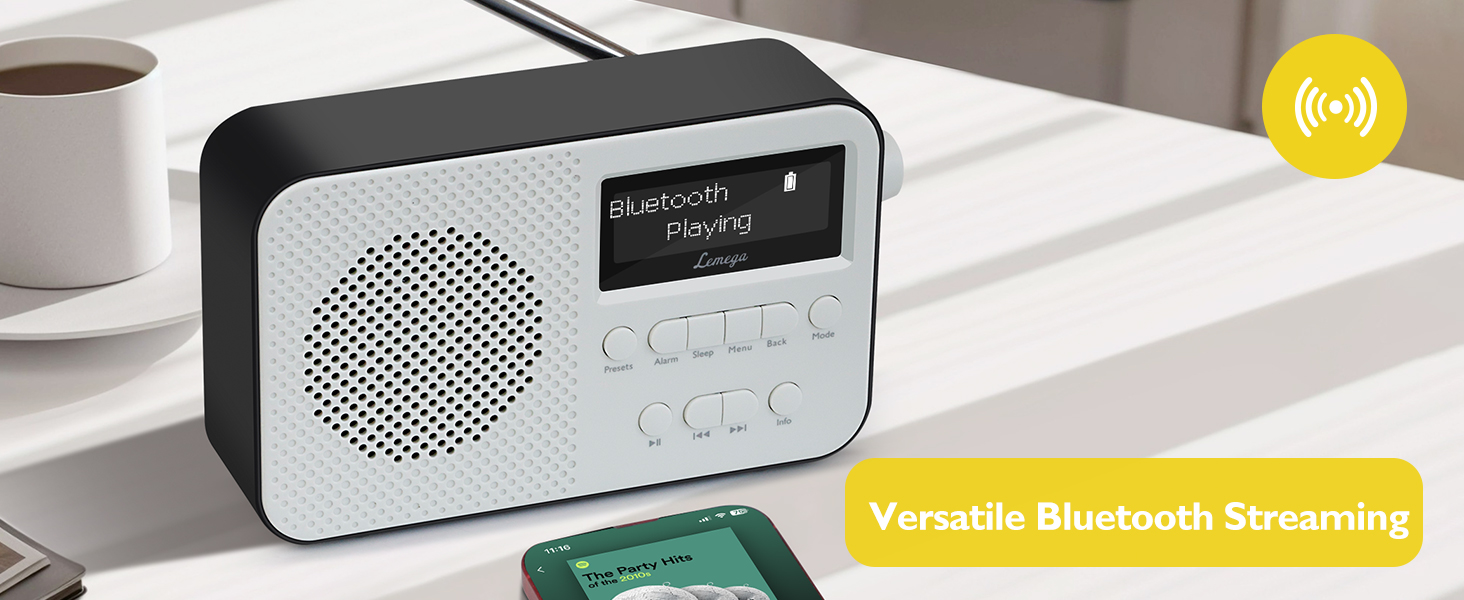 Портативний цифровий радіоприймач LEMEGA PR2-Max DAB+/FM з Bluetooth 5.3, живлення від батарейок AA, чорний