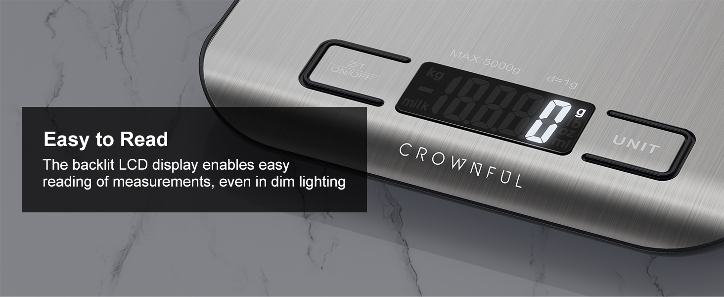 Кухонні ваги CROWNFUL: цифрові, 5 кг, з LCD-дисплеєм, з нержавіючої сталі, висока точність (1 г), функція тарування, срібні