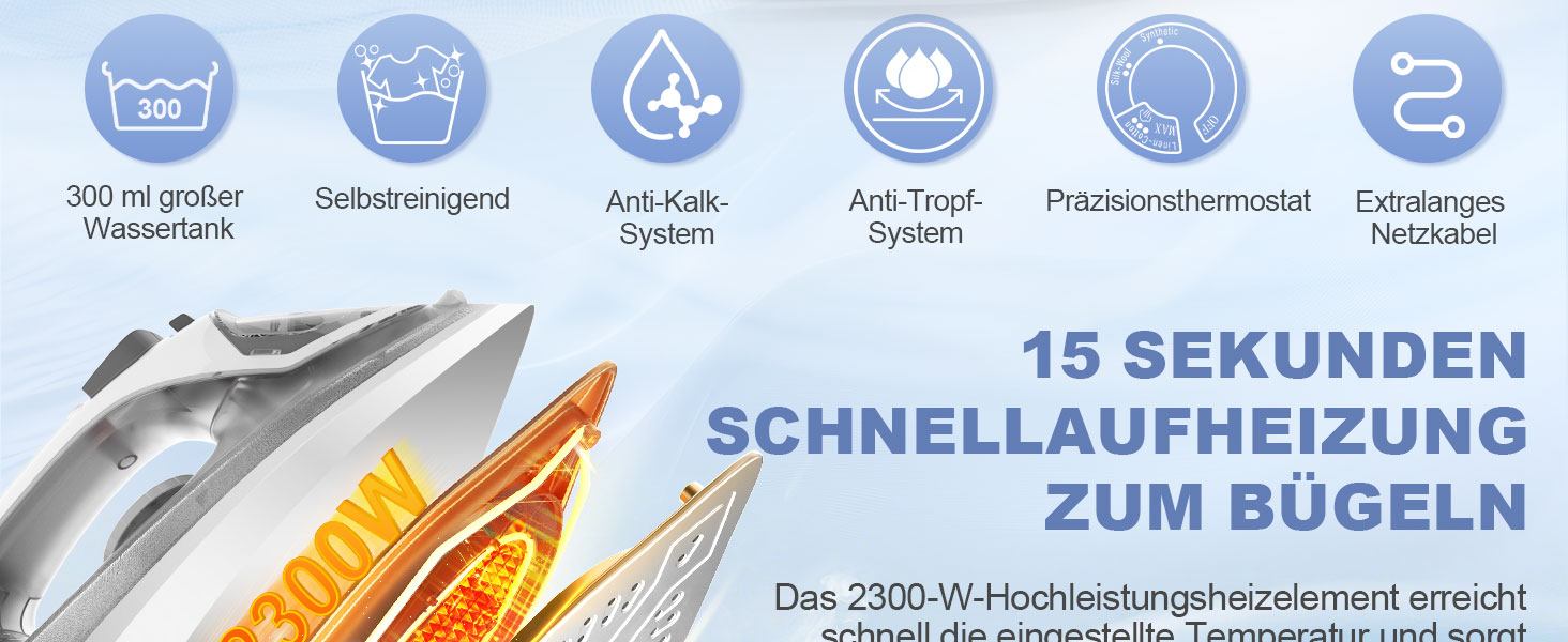 Пароочисник 2300W з антипригарною підошвою, 300 мл резервуар, постійна подача пари 25 г/хв, паровий удар 150 г/хв, самоочищення, захист від накипу та запобігання протіканню. Великий об'єм.