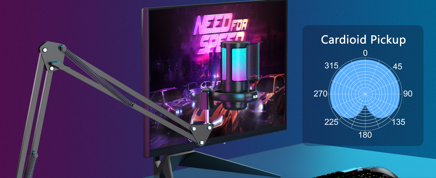Мікрофон для комп'ютера NJSJ Gaming з тримачем, USB для PC, MAC, PS4/PS5: з кнопкою вимкнення звуку, навушниками, поп-фільтром, конденсаторний кардіоїдний для стрімінгу та подкастів (Чорний)