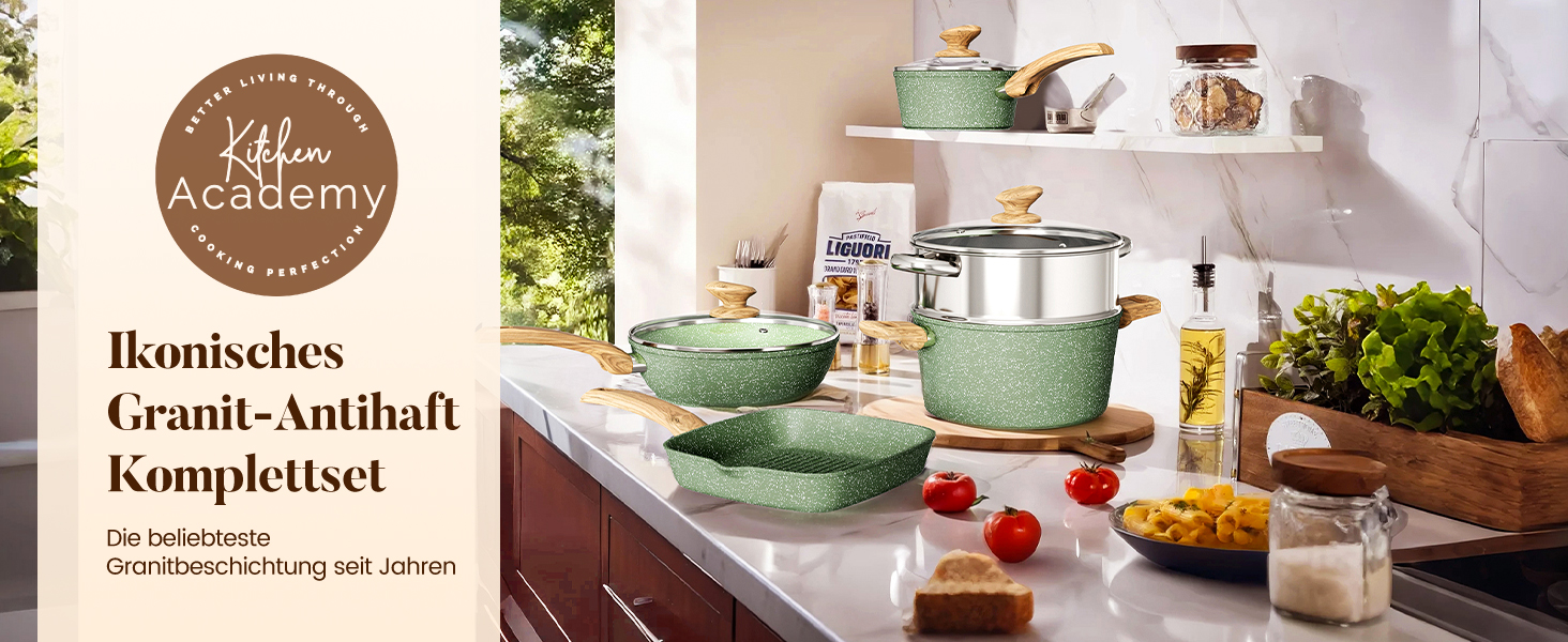Набір посуду Kitchen Academy для індукційних плит, 17 предметів, антипригарне покриття, зелений
