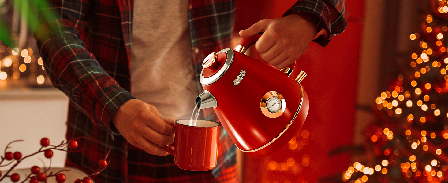 Електричний чайник Hazel Quinn Retro з термометром, з нержавіючої сталі, без пластику, 1.7 л, 2200 Вт, автоматичне вимкнення, вінтажний дизайн, Rudy Rot