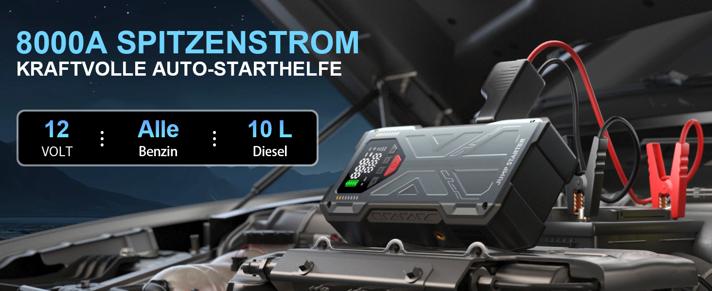 Пусковий пристрій (бустер) для авто Starthilfe 8000A з компресором 150PSI, портативний Powerbank 12V для бензинових та дизельних двигунів до 10л, LED-дисплей, сірий