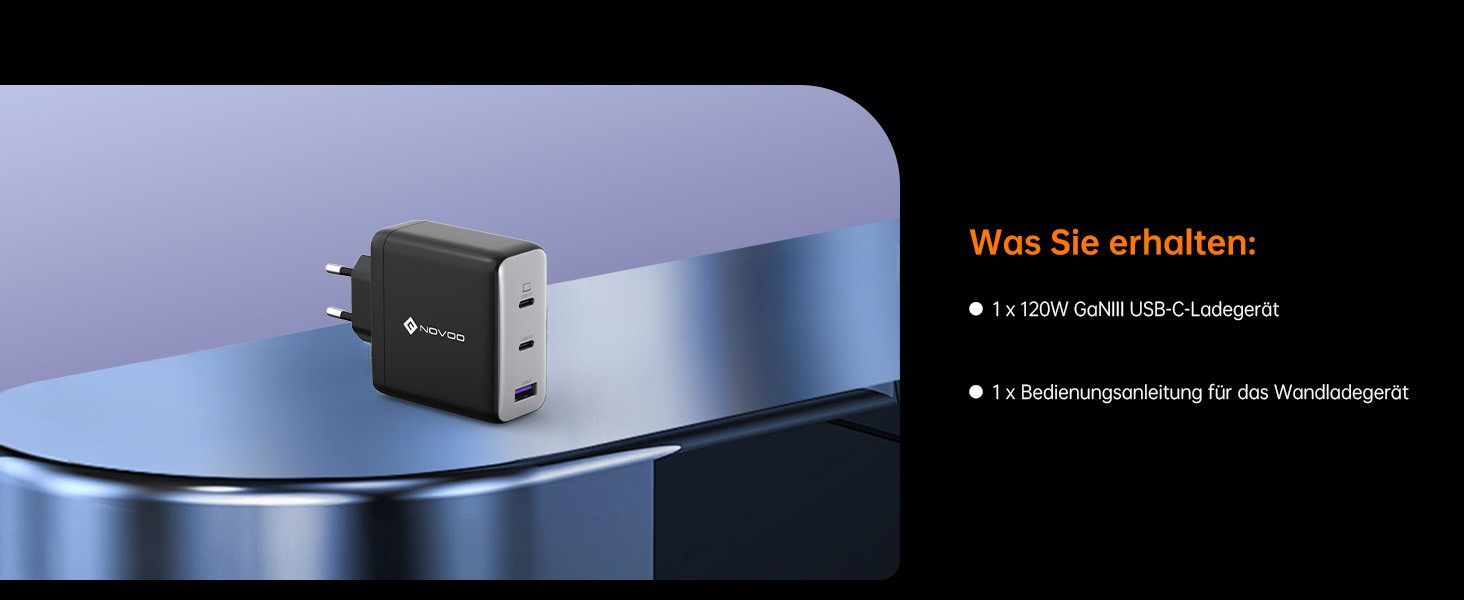 Зарядний пристрій USB-C 67W NOVOO GaN III 3-порти, швидка зарядка для MacBook, iPad, Pixel, Samsung, iPhone, Steam Deck (Чорний)