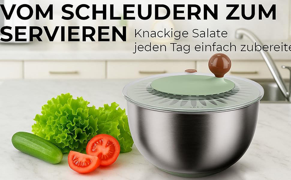 Салатниця-центрифуга з нержавіючої сталі, 500 г об'єму, 5 л, ручний привід з ручкою, неслизький кришка та випуск води, придатна для миття в посудомийній машині, ідеальна для свіжих салатів та овочів
