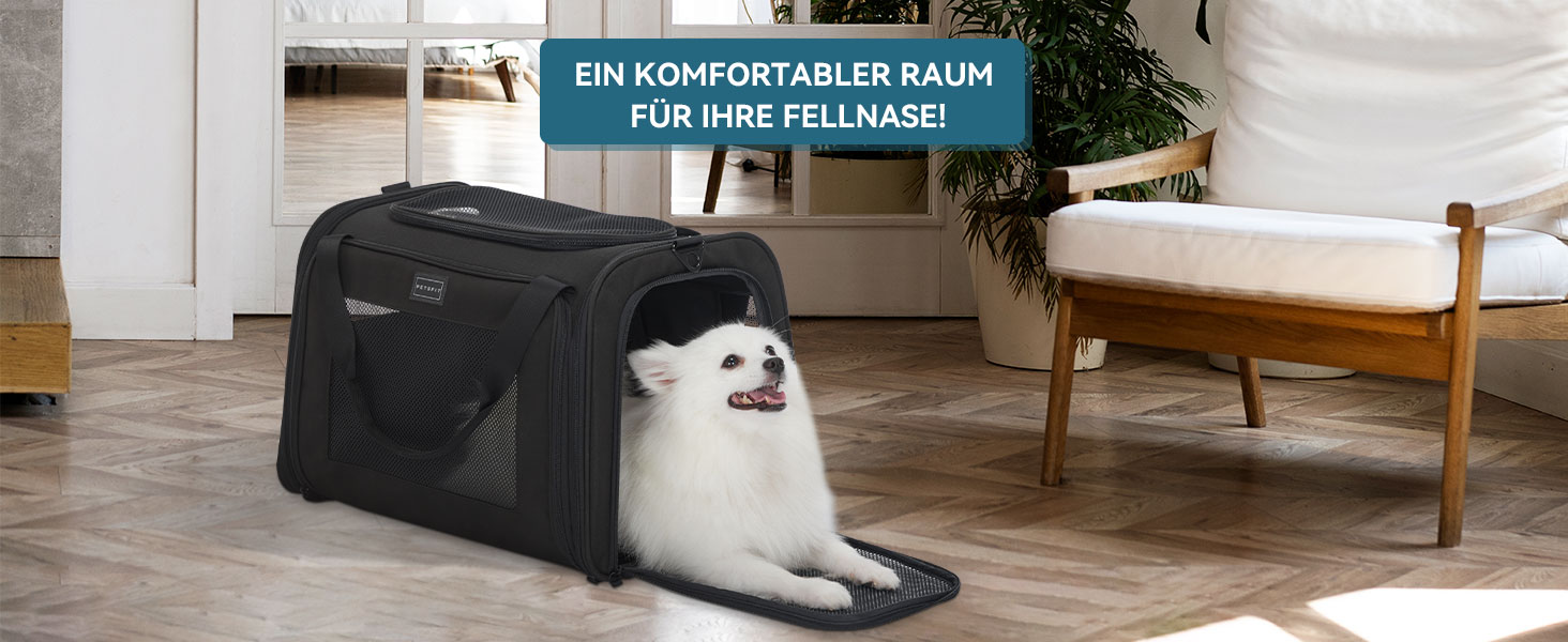 Транспортна переноска для котів та собак Petsfit, чорна, 47.5L x 33B x 33H см, з м'яким розкладним килимком та плечовим ременем