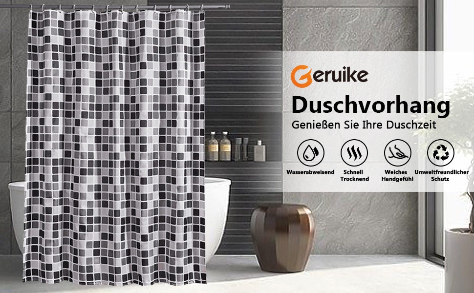 Шторка для душу GERUIKE 180x200 см, водонепроникна, текстильна, з кільцями, поліестер, з вантажем знизу, багатоколірна, для ванни (чорно-біле мозаїчне зображення, H200 x B240 см)