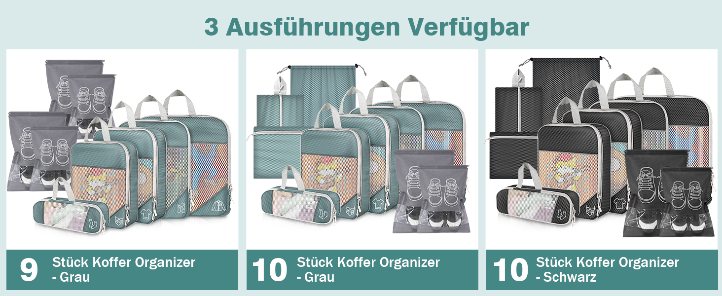 Органайзер для валізи, набір Packing Cubes (9 шт.) з компресією та чохлом для взуття, сірий. Водонепроникні та дихаючі кишені для подорожей та переїзду.