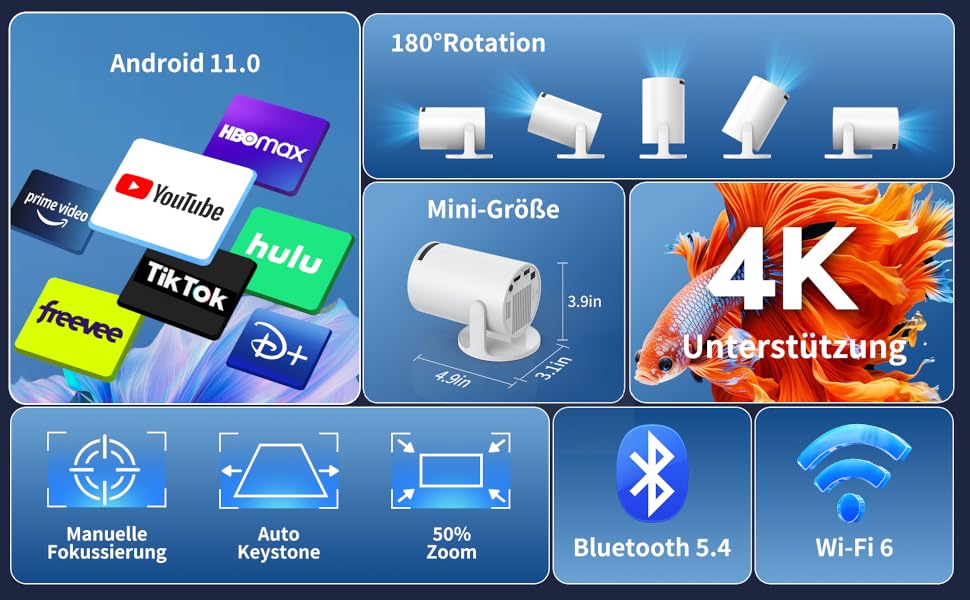 YOTON Y4 Mini Beamer: Smart проєктор з Android TV, 1080P, WiFi, Bluetooth, авто-корекція, для домашнього кінотеатру, сумісний з Phone/PC/Mac/Switch (Білий)