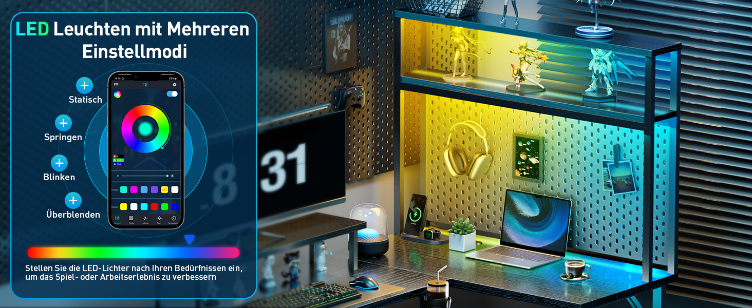 Ігровий стіл кутовий 150x100 см з 3 розетками та 2 USB, реверсивний, з LED підсвічуванням, з ящиками та підставкою для монітора, чорний