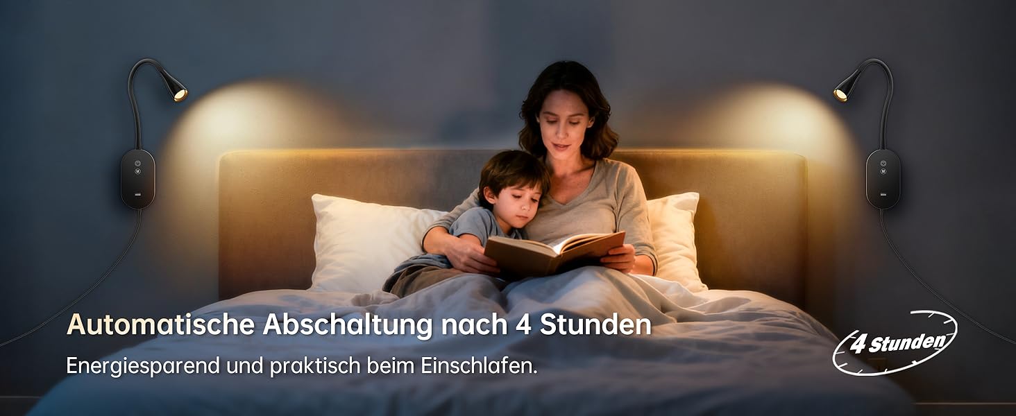 Нічна LED лампа для читання Wandleuchte з USB, 5 рівнів яскравості, сенсорне управління, гнучкий кронштейн, автовимкнення (Чорна)