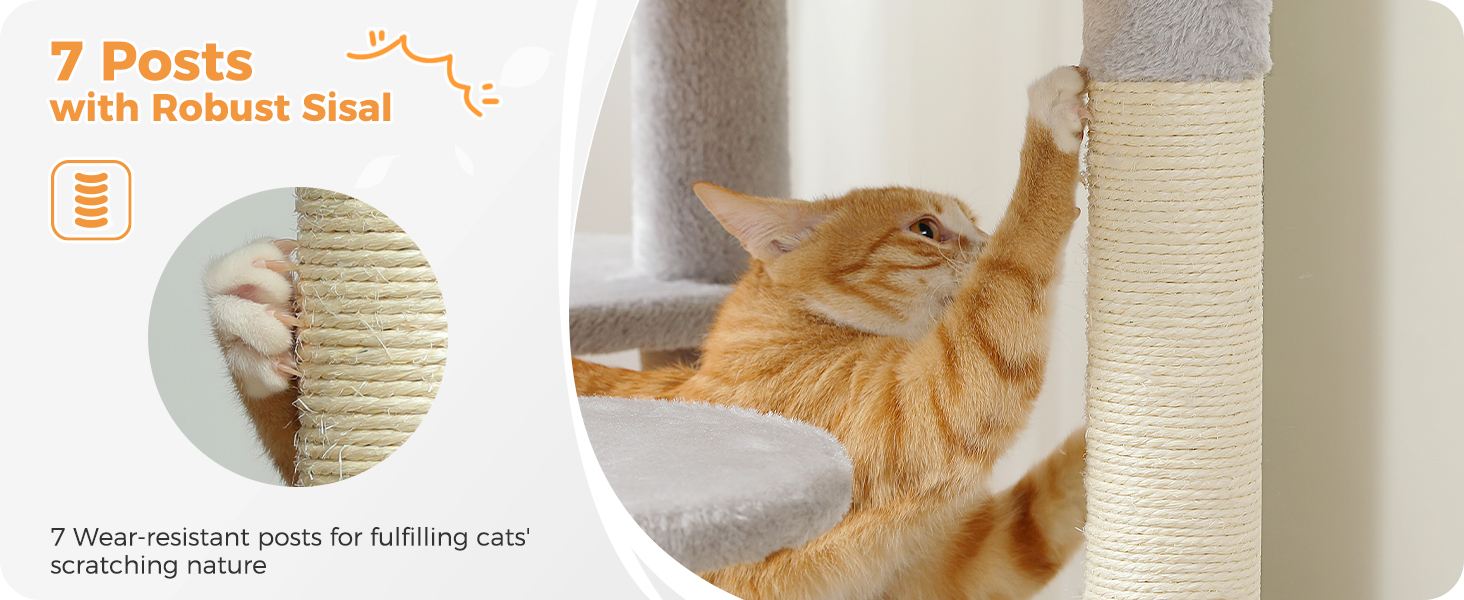 PAWZ Road Дряпка для котів велика, стабільна, 184 см, з гамаком, 7 стовпчиків для дряпання, велика полиця, кошик, для великих котів, сірий (M)