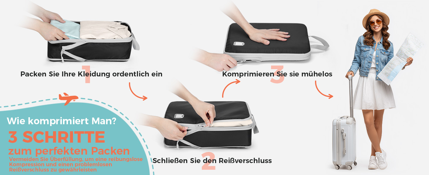 Органайзери для валізи - набір 8 шт. (Compression Packing Cubes), вологостійкий, для подорожей, чорний