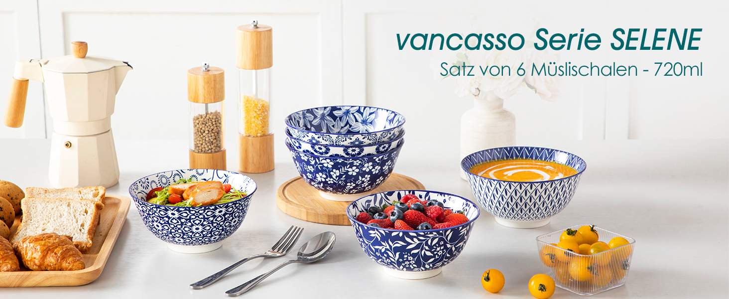 Набір мюслі-тарілок Vancasso Selene (6 шт.) з порцеляни, 720 мл – блакитно-білі керамічні тарілки для мюслі, салату, супу, рамену, фруктів та десерту