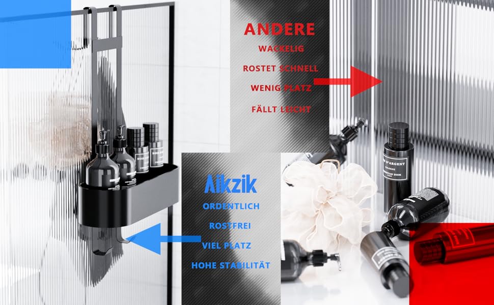 Підвісна полиця для душу Aikzik без свердлення, stainless steel кошик для шампуня та аксесуарів з 4 гачками, чорна