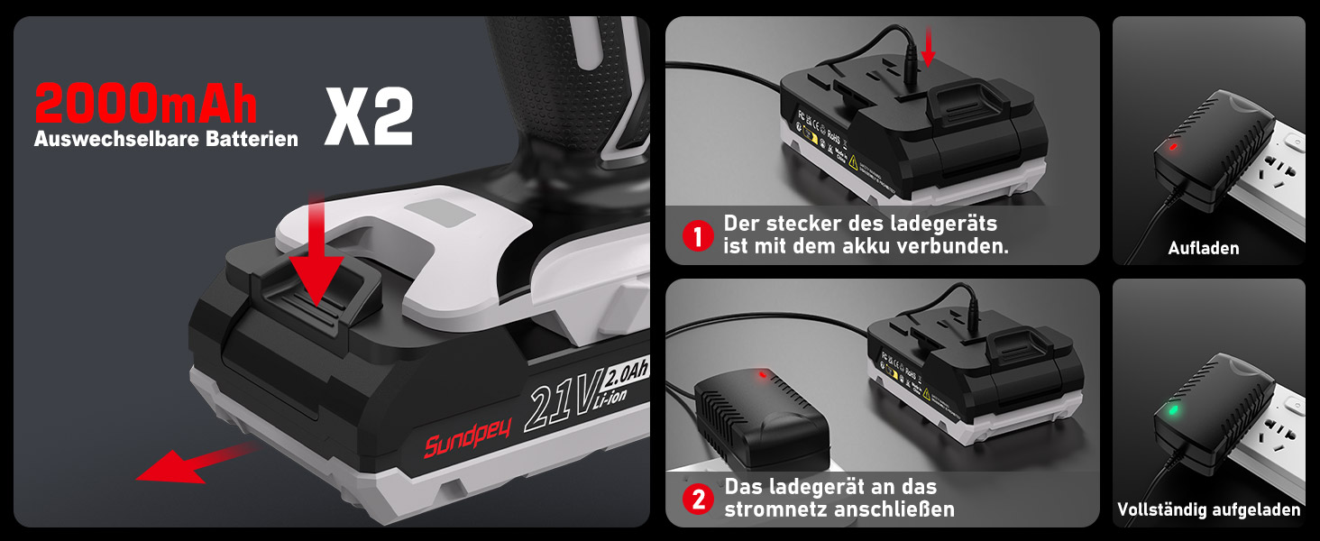 Акумуляторний шуруповерт Sundpey Set: 2 акумулятори 2.0Ah, 21V, 1500 об/хв, 45Nm, 18+1 режим, LED, 10мм патрон - для ремонту та DIY