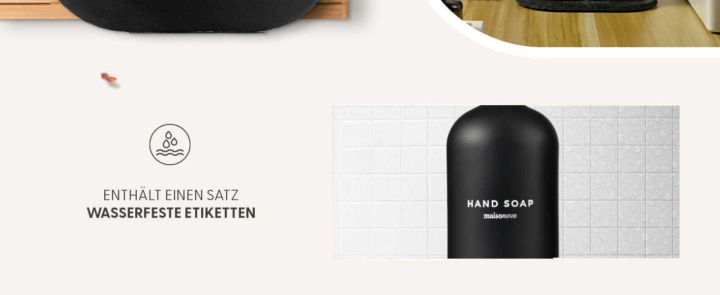 MaisoNovo Soap Dispenser Set - Soap Dispenser Kitchen - 500 ml Amber Bottles, Black Pumps, Glass Pump Dispenser, Soap Dispenser Set, 2-Piece Set and Concrete Tray - Dish Soap Dispenser Kitchen (Black Glass / Black Pump + Slate Tray)