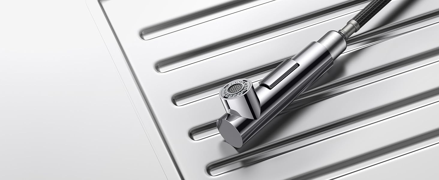 Змішувач для кухні FORIOUS висувний з душем, кухонний, L-подібний, 360° поворот, 2 режими, полірований хром