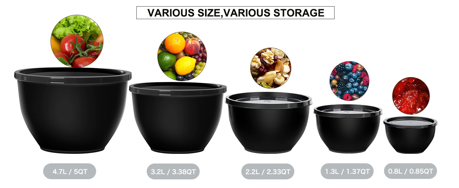 Набір салатниць з кришкою Greentainer, 10 шт. - пластикові миски для кухні, великий набір для змішування та сервірування, чорний
