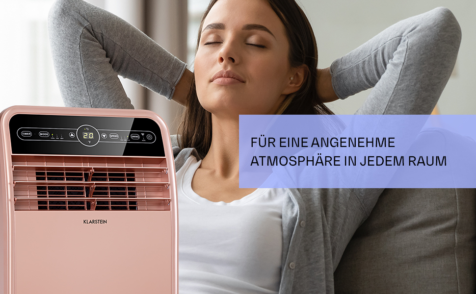 Мобільний кондиціонер Klarstein з витяжним шлангом, 4-в-1: кондиціонер, вентилятор, осушувач повітря та нічний режим, компактний та портативний для дому та офісу, низьке енергоспоживання, 7000 BTU, білий (12000 BTU, рожеве золото)
