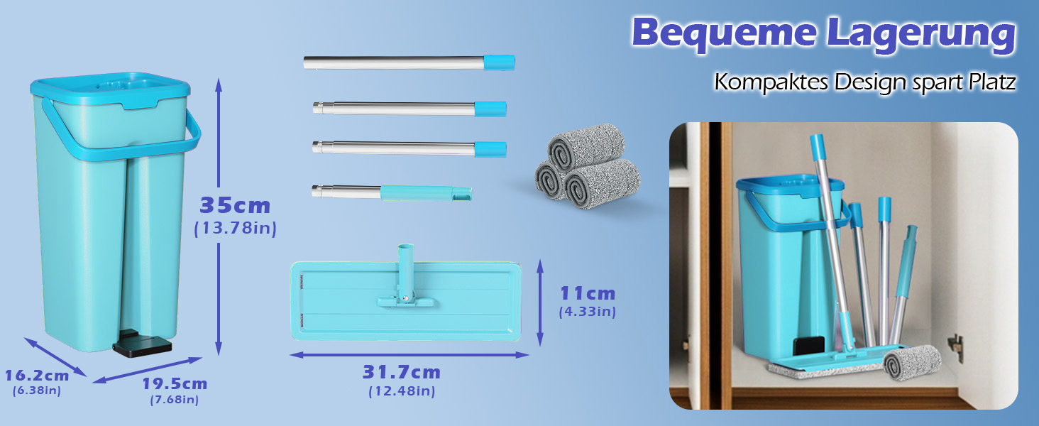 Набір для миття підлоги з відром, вичавлювач для швабри, 2 в 1, швабра-моп з регульованою ручкою з нержавіючої сталі та 6 мікрофібрових насадок, підходить для плитки та ламінату (швабра з відром: блакитний + синій)