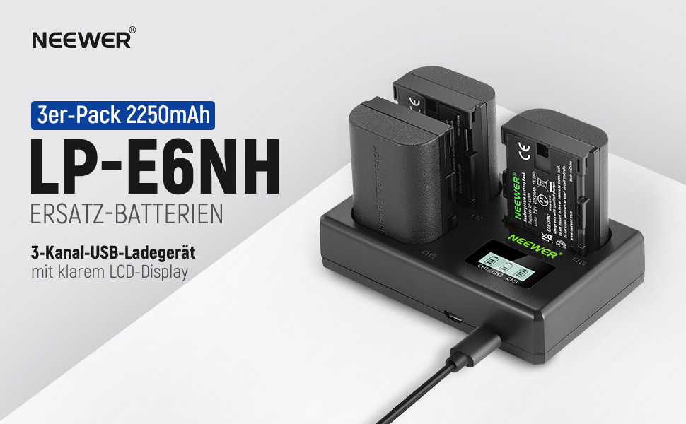 NEEWER Комплект акумуляторів та зарядного пристрою LP-E6NH (3 шт. 2250mAh) з USB зарядкою на 3 слоти, серветка, сумісний з Canon EOS R7, R5, R6, R6 II, R 5DIV, 6DII, 7DII, 80D, 90D