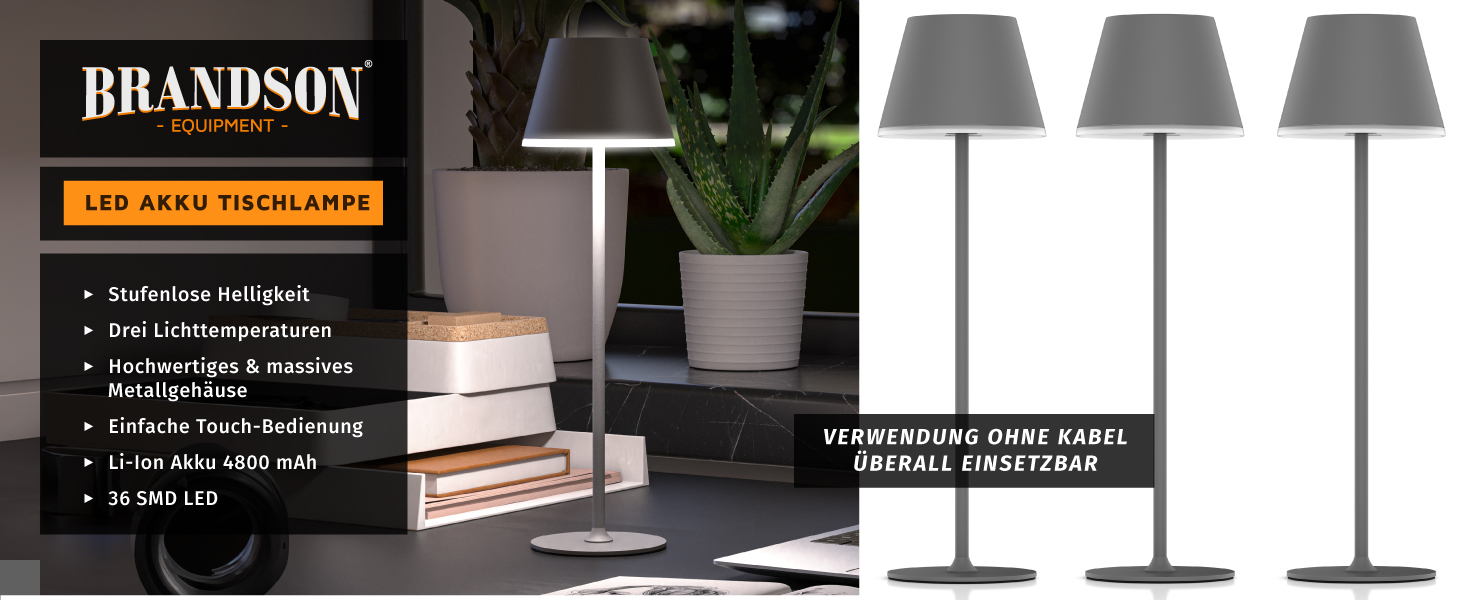 Світлодіодний акумуляторний настільний світильник Brandson з димером (3 в наборі, антрацит). LED лампа для столу, нічника, читання. Бездротовий, металевий, для дому та вулиці.