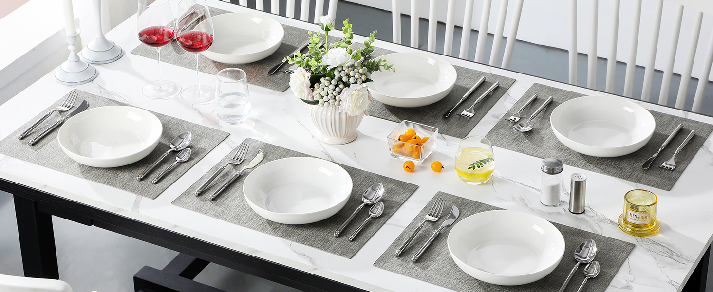 Набір посуду MALACASA, 6 предметів: тарілки для пасти, супу, салату, сервірування. Білий порцелан, 1250 мл