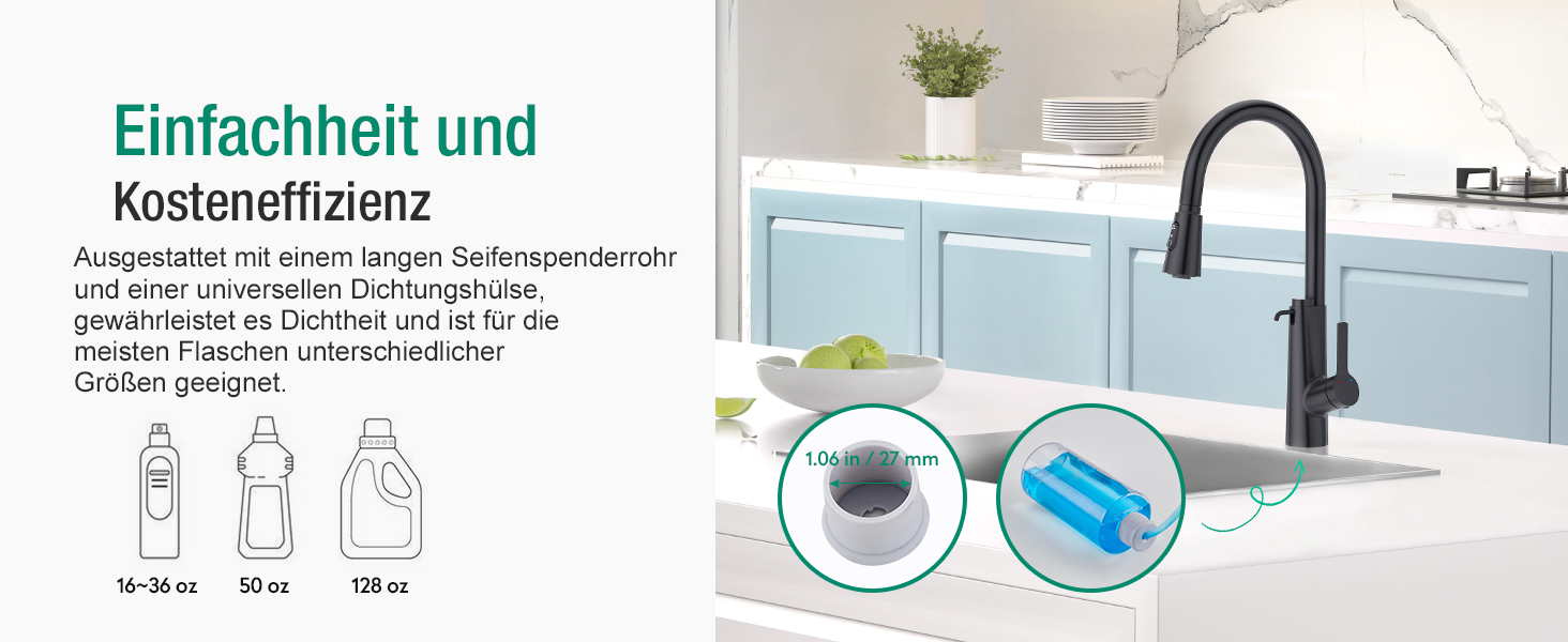 Кран кухонний CREA Wasserfall висувний з дозатором мила, нержавіюча сталь, 360° оберт, 4 режими, матовий чорний