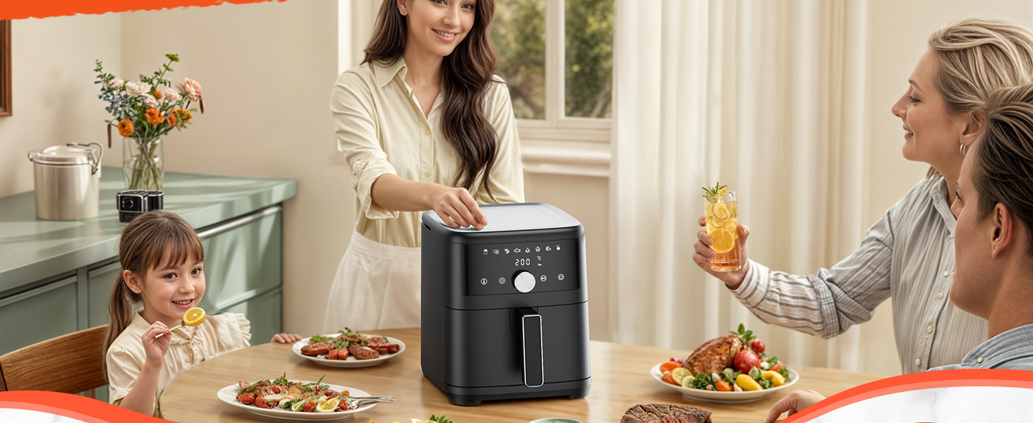 Фритюрниця повітряна Innsky 6L, 8-в-1, 1500W з LED-touchscreen, чорна. Енергозберігаюча, для 3-5 осіб, 50dB, миється в посудомийній машині
