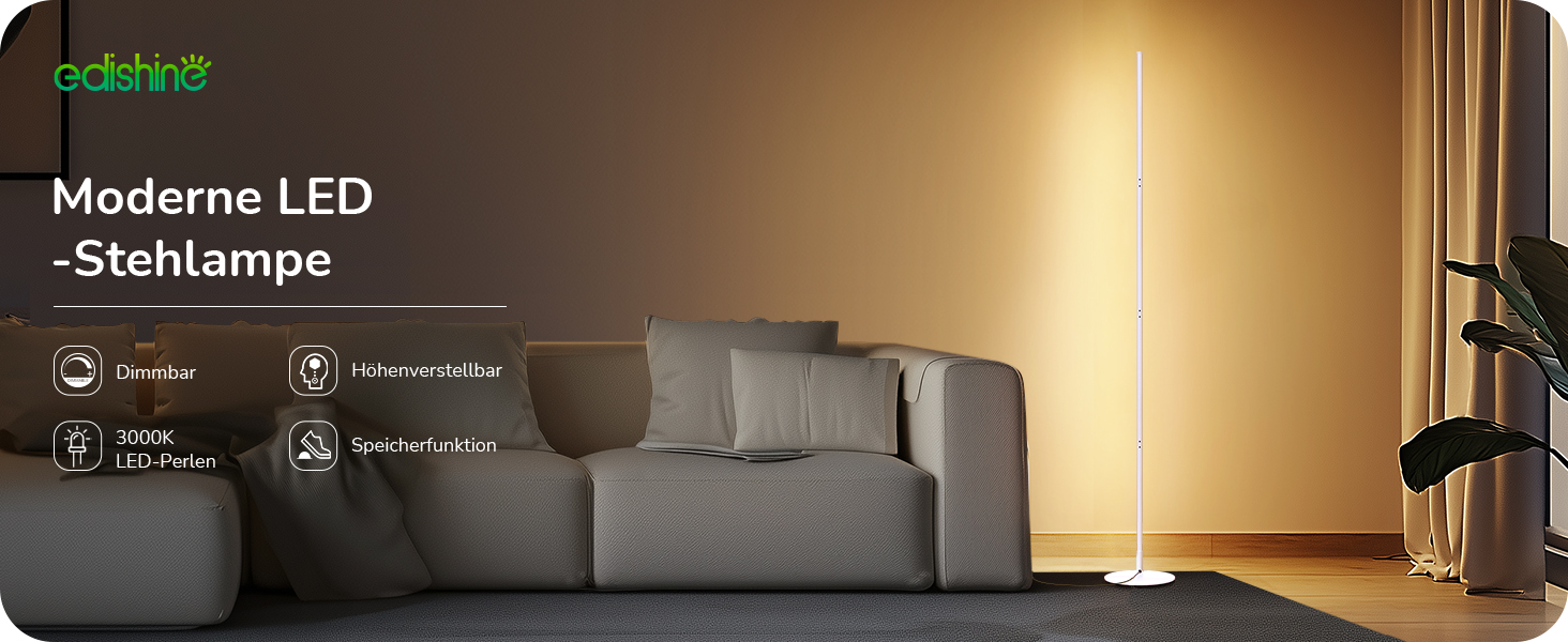LED торшер Edishine з димуванням, тепле світло 3000K, регульована висота 146 см, для вітальні, спальні, офісу, з функцією пам'яті