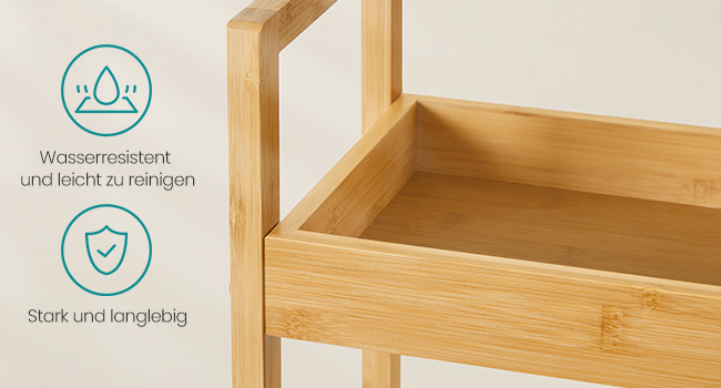 SONGMICS Rolling Cart, Bathroom Shelf, 3-Tier Bathroom Organizer, Bamboo Nook Shelf, Narrow Shelf, Rolling Utility Cart, Space-Saving, 20 x 30 x 80 cm, White BCB083W01 (Natural Beige)