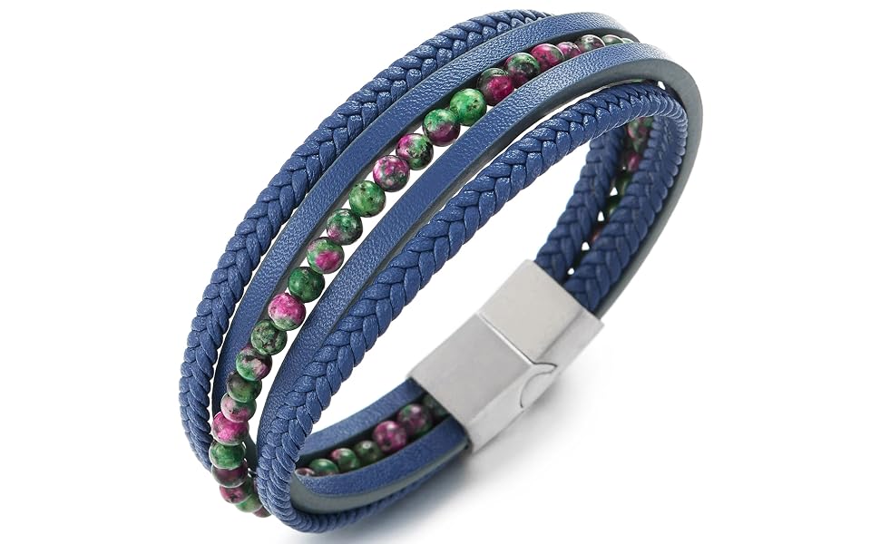 Браслет Coolsteel&Beyond з магнітним застібком: шкіряний, плетений, з намистинами (синій/зелений & рожевий)