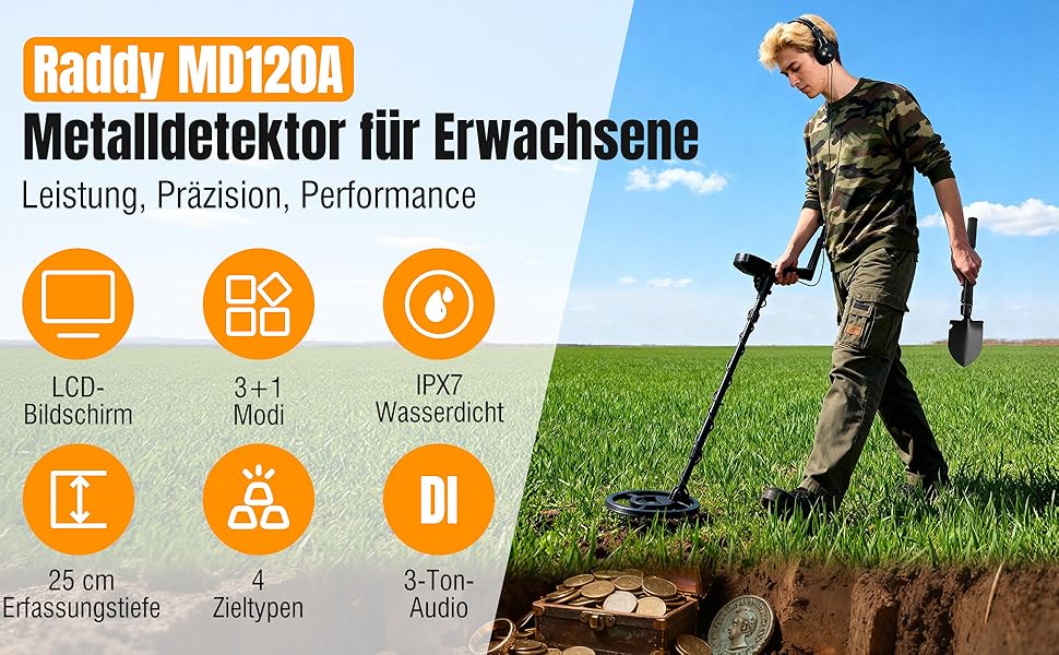 Металошукач Raddy MD120A Profi для дорослих: високоточний детектор золота з 4 режимами, водонепроникна котушка IPX7 10', LCD-дисплей, навушники, сумка та лопатка для пошуку скарбів