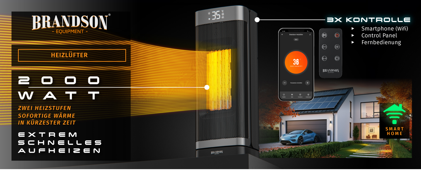 Керамічний обігрівач Brandson з Wi-Fi, тихий, енергозберігаючий, з пультом ДУ, захист від дітей, таймер, 2 режими, ECO-режим, для ванної, вітальні, офісу, дитячої кімнати