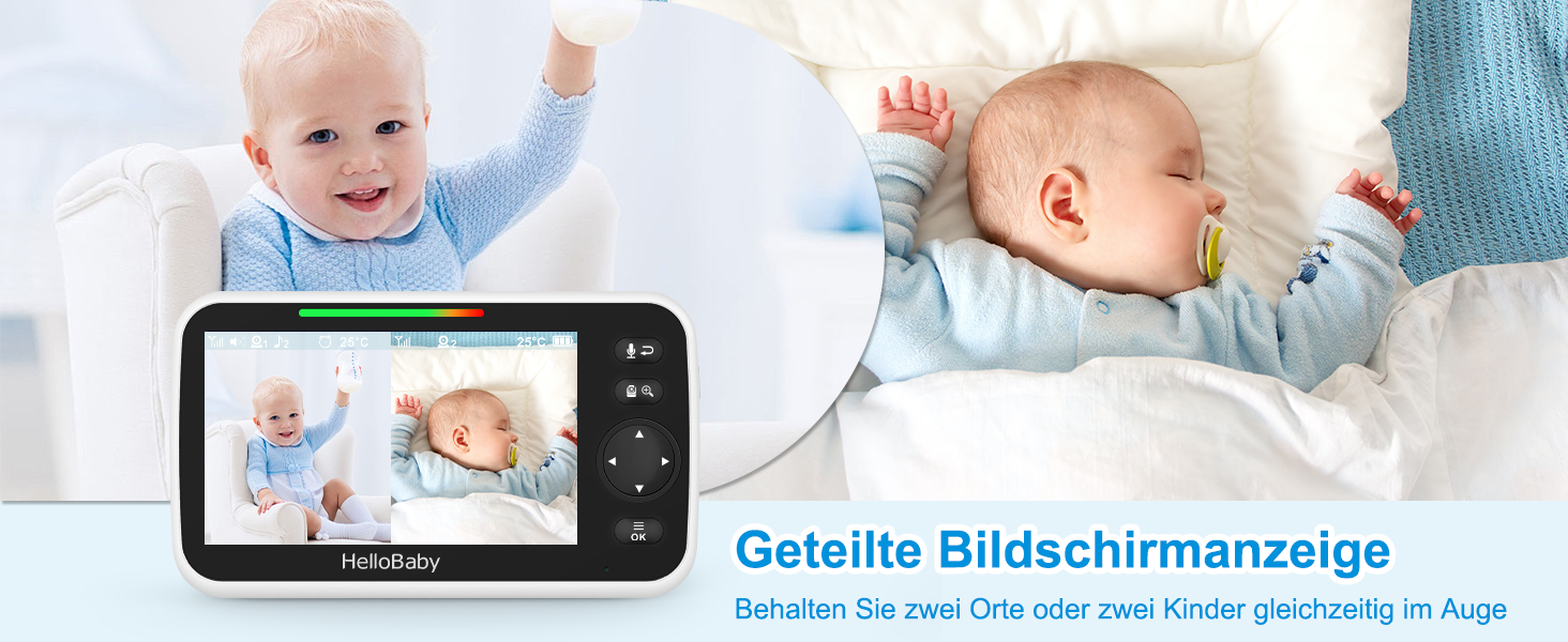 Відеоняня HelloBaby з 5-дюймовим екраном, розділеним на дві частини, акумулятор 30 годин, поворотна камера з нахилом та зумом, нічне бачення, ECO режим, двосторонній аудіо, 8 колискових, радіус дії 300 метрів, HB6550