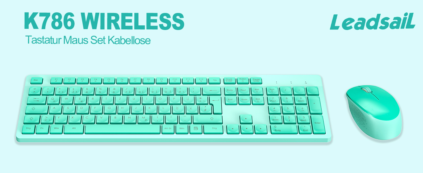 Бездротовий комплект клавіатури та миші Leadsail K786 з цифровою клавіатурою QWERTZ (німецька версія) - тиха клавіатура, 2.4 GHz, USB Nano приймач для ПК/ноутбука (зелений)