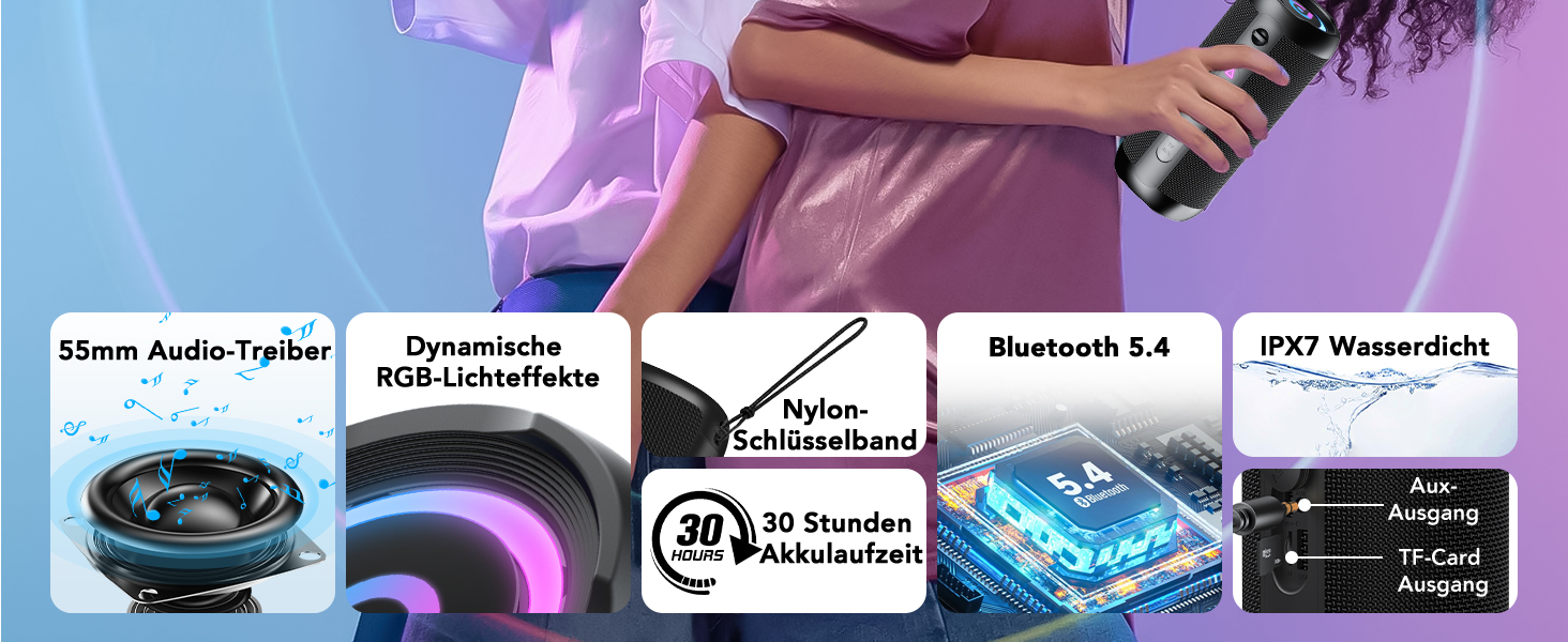 Портативна Bluetooth колонка з підсвічуванням, 30W, водонепроникна IPX7, подвійний бас, акумулятор 3000mAh, RGB, TWS, AUX, TF картка, для відпочинку на природі, вечірок та подорожей