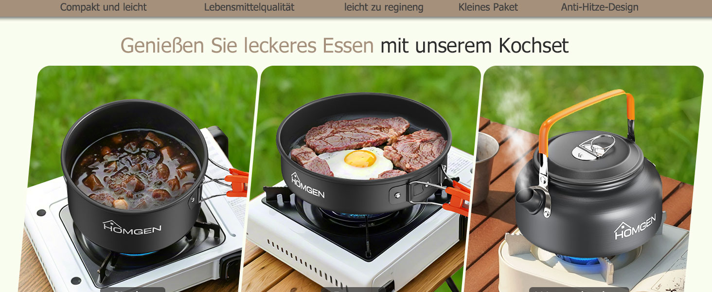 Набір кухонного посуду для кемпінгу HOMGEN: каструлі та сковорідки з алюмінію, легкий, для 2-3 осіб, з сумкою, для кемпінгу, пікніків, походів