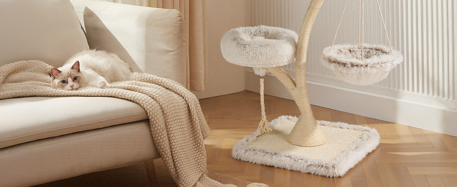 Котячий будиночок-когтеточка Fudajo 169 см, 4 рівні, бежевий, з сизалю