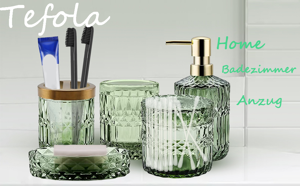 Premium Bathroom Accessories Set, 5PCS Glass Bathroom Accessories Complete Set (Lotion Dispenser, Soap Dish, Toothbrush Holder, Glass Tumbler, Cotton Swab Container) Elegant Bathroom Gift Set