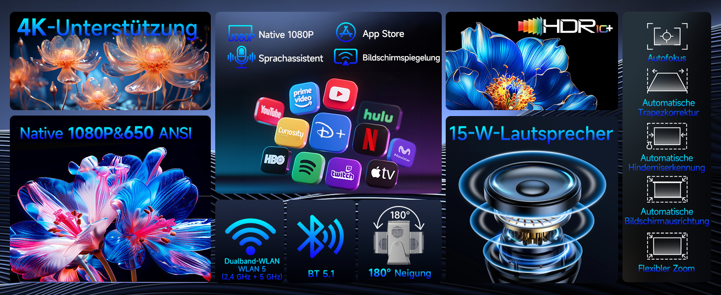 Magcubic Beamer 4K: Міні-проектор з WiFi 5, Bluetooth 5.1, 15W, 650 ANSI, Dolby Audio/HDR10+, автофокус, трапец. корекція, 180° обертання (сірий)