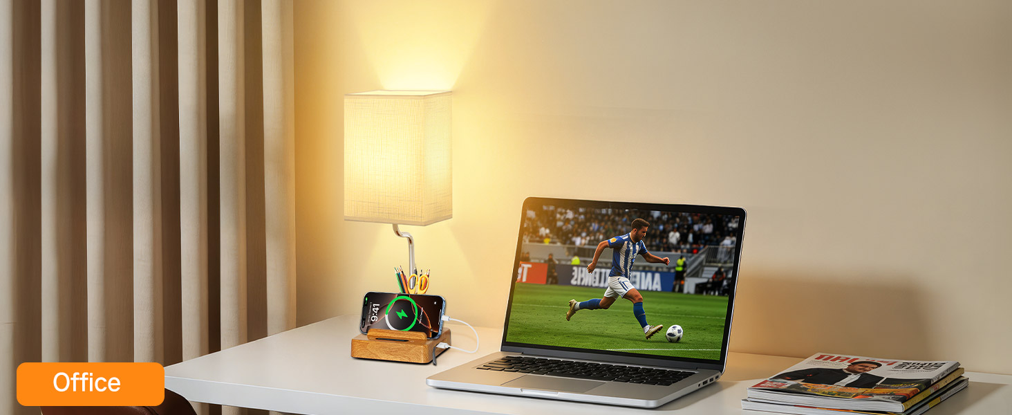 Настільна лампа світлодіодна OUTON 8000mAh бездротова з підставкою для ручок, акумуляторна, тканинний плафон, 3 режими світла, сенсорне керування, димування, індикатор заряду